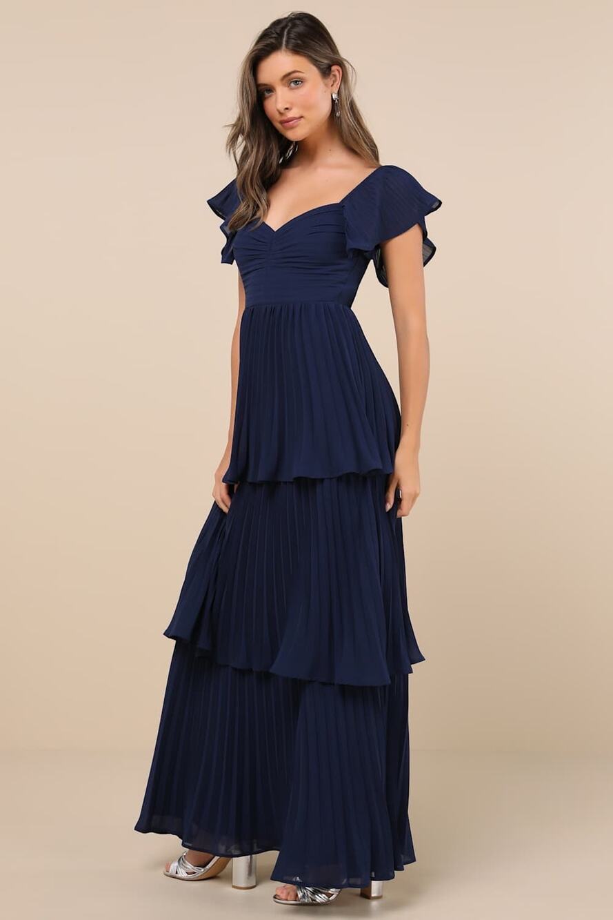 NWT Lulus Notorious Charm Navy Blue Pleated Flutter Sleeve Maxi Dress Gala Sz L